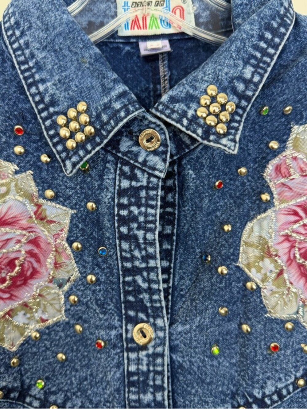Vintage Western Floral Studded Denim Jean Shirt Women’s Size Medium 80s 90s - Picture 4 of 6
